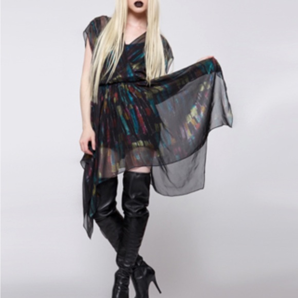 Widow Lip Service Dress Goth Chiffon Overlay Handkerchief Hem Size Medium - Picture 4 of 4